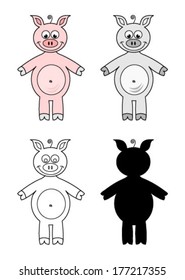pig in four variants, colorful, grayscale, outline and silhouette. cartoon vector art image eps10, isolated on white background