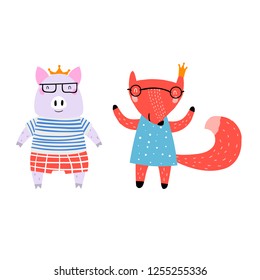 Pig and Fox Characters Staying Together in Crowns. Two Animals in Cute Trendy Modern Cartoon Childish Style. Perfect for Print, Web, App or Any Digital Design Manipulation.