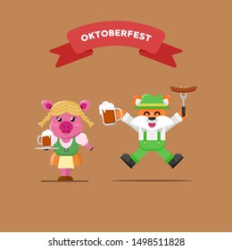 PIG AND FOX OKTOBERFEST PARTY COSTUME BRINGING BEER AND SAUSAGE FLAT ILLUSTRATION