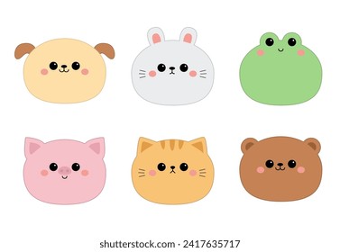 Pig, frog, cat kitten kitty, bear, dog puppy, rabbit bunny hare, face icon set. Cute cartoon kawaii animal character. Funny baby. Contour line doodle. Love card. Flat design. White background. Vector