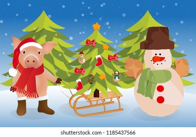 Pig in a funny Santa's red cap. Christmas and New Year card. Vector illustration.