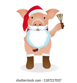 Pig in a funny Santa's red cap. Christmas and New Year card. Vector illustration.
