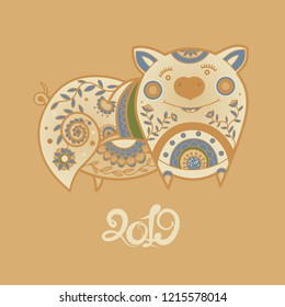 Pig. Funny pig. Year of the pig. 2019. Vector illustration. New Year card.