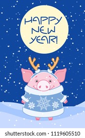 Pig in a fur coat with antlers on his head in the winter evening. The inscription " Happy new year!" Symbol of the new year in the Chinese calendar. 2019. Illustration for postcards, stickers, posters