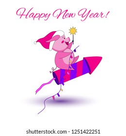 Pig with a garland flying on a firecracker. Pink pig in Santa's hat. Vector illustration. New year greeting card.