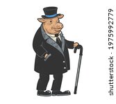 pig gentleman in clothes color sketch engraving vector illustration. T-shirt apparel print design. Scratch board imitation. Black and white hand drawn image.
