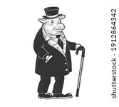 pig gentleman in clothes sketch engraving vector illustration. T-shirt apparel print design. Scratch board imitation. Black and white hand drawn image.