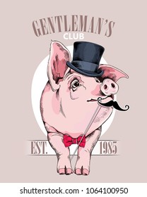 Pig in a gentleman Top hat, in a red bow tie and with a mustache Photo Booth. Vector illustration.