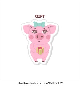 Pig gets a gift sticker on white backround.