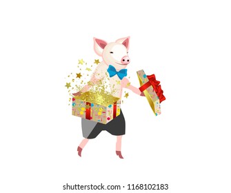 Pig with Gift box open