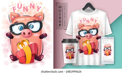 Pig with gift - mockup for your idea. Vector eps 10