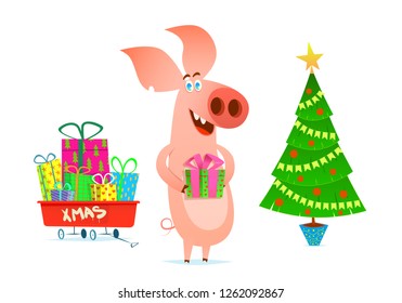Pig with a gift on the background of a Christmas tree and a red cart. Cartoon flat style illustration.