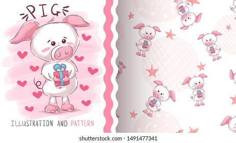 Pig with gift - seamless pattern. Hand draw