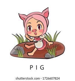 Pig girl, chinese zodiac or shio sign cartoon vector illustration , Lunar New Year
