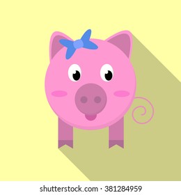Pig girl flat icon on yellow background. Long shadow. With blue bow.