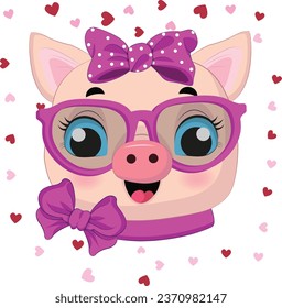 
Pig Girl in glasses and in the heart rim Vector