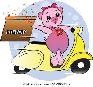 Pig girl ride motorcycle delivery logo.