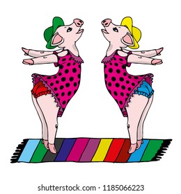 Pig girls dancing in shorts and dress