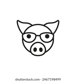 Pig with glasses. Outline vector icon. Front view. Isolated illustration on white background. Flat style and design.