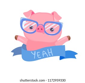 Pig in glasses with a ribbon. Vector Illustration Cute Piggy
