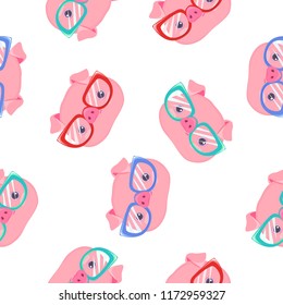 Pig in glasses Vector Pattern Seamless