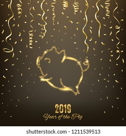 Pig glitter logo, New year 2019 chinese horoscope symbol, vector illustration
