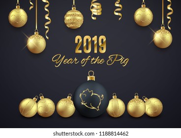 Pig glitter logo on Christmas decorative ball, New year 2019 chinese horoscope symbol, vector illustration