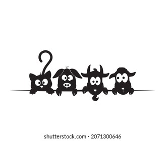 Pig, goat, sheep, cat silhouette behind the table, vector. Cute cartoon character isolated on white background. Cute illustration. Childish wall decals, wall art. Minimalist black and white artwork. 