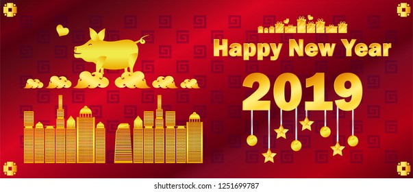 the pig gold love on cloud ribbin star building red black background happy new year merry christmas 2019 vector illustration eps10