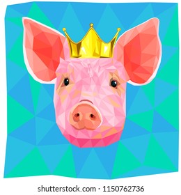 Pig with a golden crown,colorful low poly design on blue background.Animal portrait card design. Background with wild animal.Vector illustration year of the earth pig, happy Chinese new year.