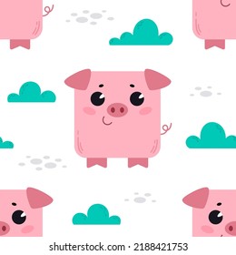 Pig in the grass. Pattern with cute cartoon animals. Kawaii children's print with pets. Vector illustration for fabric, paper, wallpaper, packaging
