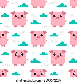 Pig in the grass. Pattern with cute cartoon animals. Kawaii children's print with pets. Vector illustration for fabric, paper, wallpaper, packaging