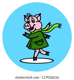 Pig in a green coat on a roller, ice skating rink. Happy New Year 2019 year of the pig.