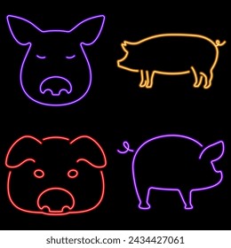 pig group neon icons, vector illustration on black background.