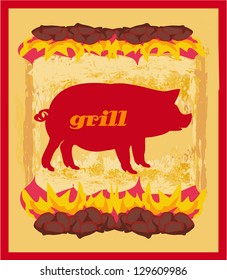Pig Grunge poster - Grill Menu Card Design template.