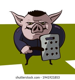 Policía de guardería con porra y escudo. Caricaturas de vectores