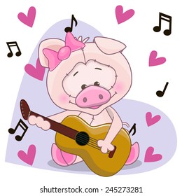 Pig with a guitar on background music and hearts 