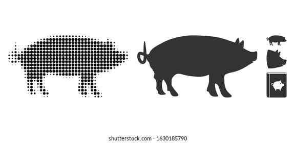 Pig halftone vector icon and solid version. Illustration style is dotted iconic Pig icon symbol on a white background. Halftone pattern is circle elements. Some bonus pictograms.