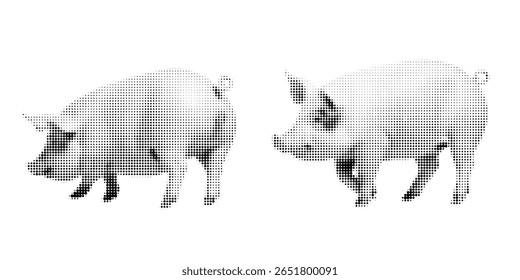 Pig, halftone vector illustration of a mammal, in retro comic book style with bold dotted texture. Different positions, sitting, standing, Pig, Black and white image, isolated on white background. 