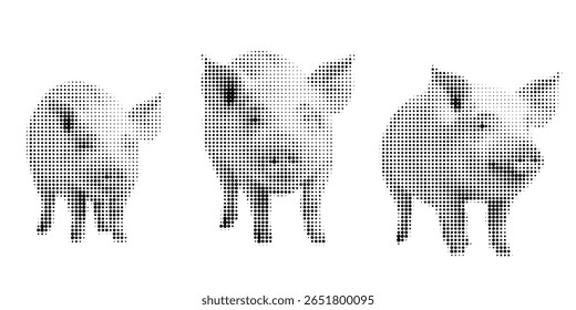 Pig, halftone vector illustration of a mammal, in retro comic book style with bold dotted texture. Different positions, sitting, standing, Pig, Black and white image, isolated on white background. 