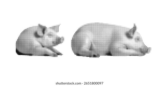 Pig, halftone vector illustration of a mammal, in retro comic book style with bold dotted texture. Different positions, sitting, standing, Pig, Black and white image, isolated on white background. 