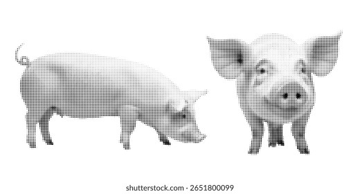 Pig, halftone vector illustration of a mammal, in retro comic book style with bold dotted texture. Different positions, sitting, standing, Pig, Black and white image, isolated on white background. 