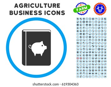 Pig Handbook rounded icon with agriculture business icon set. Vector illustration style is a flat iconic symbol inside a circle, blue and gray colors. Designed for web and software interfaces.