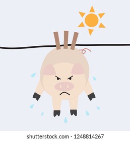 A pig is hang on the clothesline,take a sunbath,vector illustration.