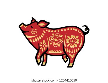 Pig for happy chinese new year celebration in red and gold color with dark outline. Vector illustration.