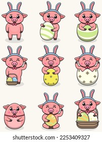 Pig Happy Easter. Cute Pig on the Easter theme in cartoon. Vector illustration. Isolated on white background. Easter holiday vector set.