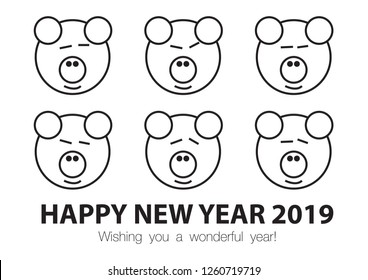 Pig Happy New Year 2019 Cartoon Template Pattern , vector