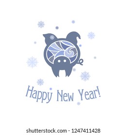pig, happy new year and snowflakes, isolated image in blue. vector eps 10