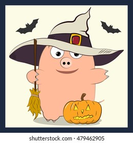 pig in a hat with a broom