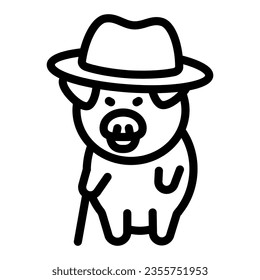 Pig in hat with cane line icon, funny animal concept, piglet in hat with walking stick vector sign on white background, outline style icon for mobile concept and web design. Vector graphics